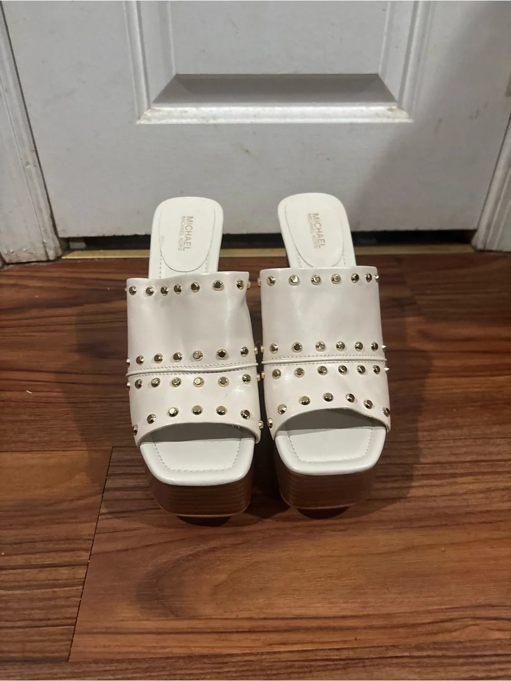 Michael Kors Cream Slide Mules with Gold Studs